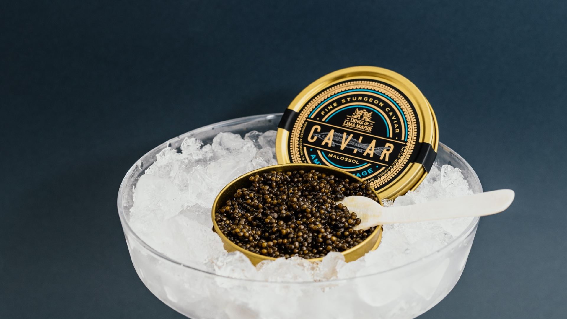 Taça de cristal com gelo picado e lata aberta de caviar Diniz & Lima Mayer