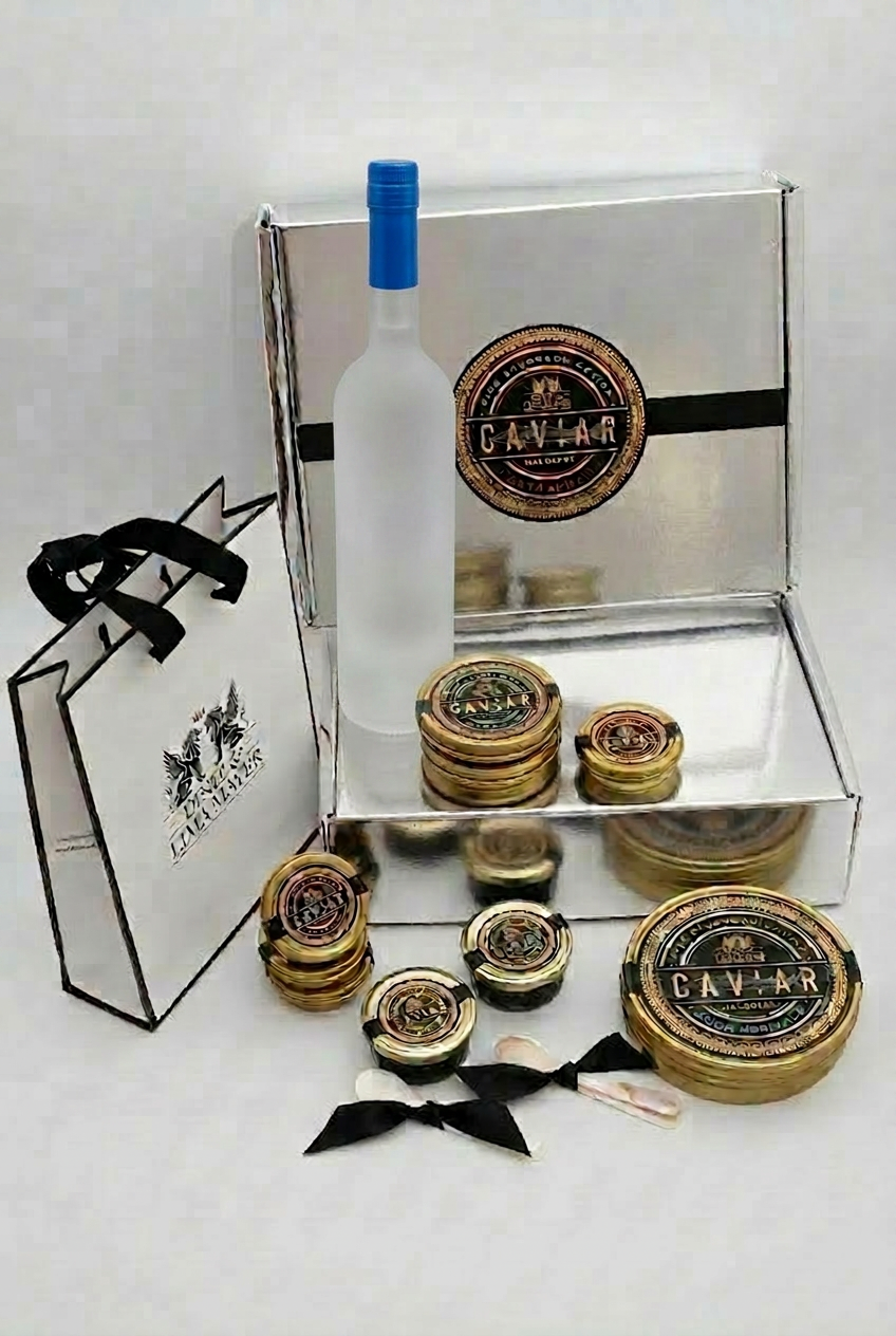 Caixa presente Diniz & Lima Mayer com selecção de latas de caviar, vodka e saco de oferta
