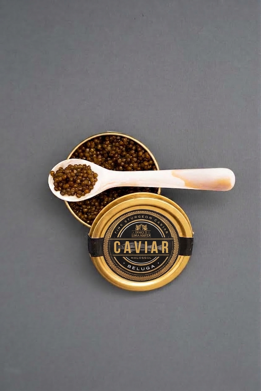 Lata Caviar Astrakhan aberta com colher de madrepérola
